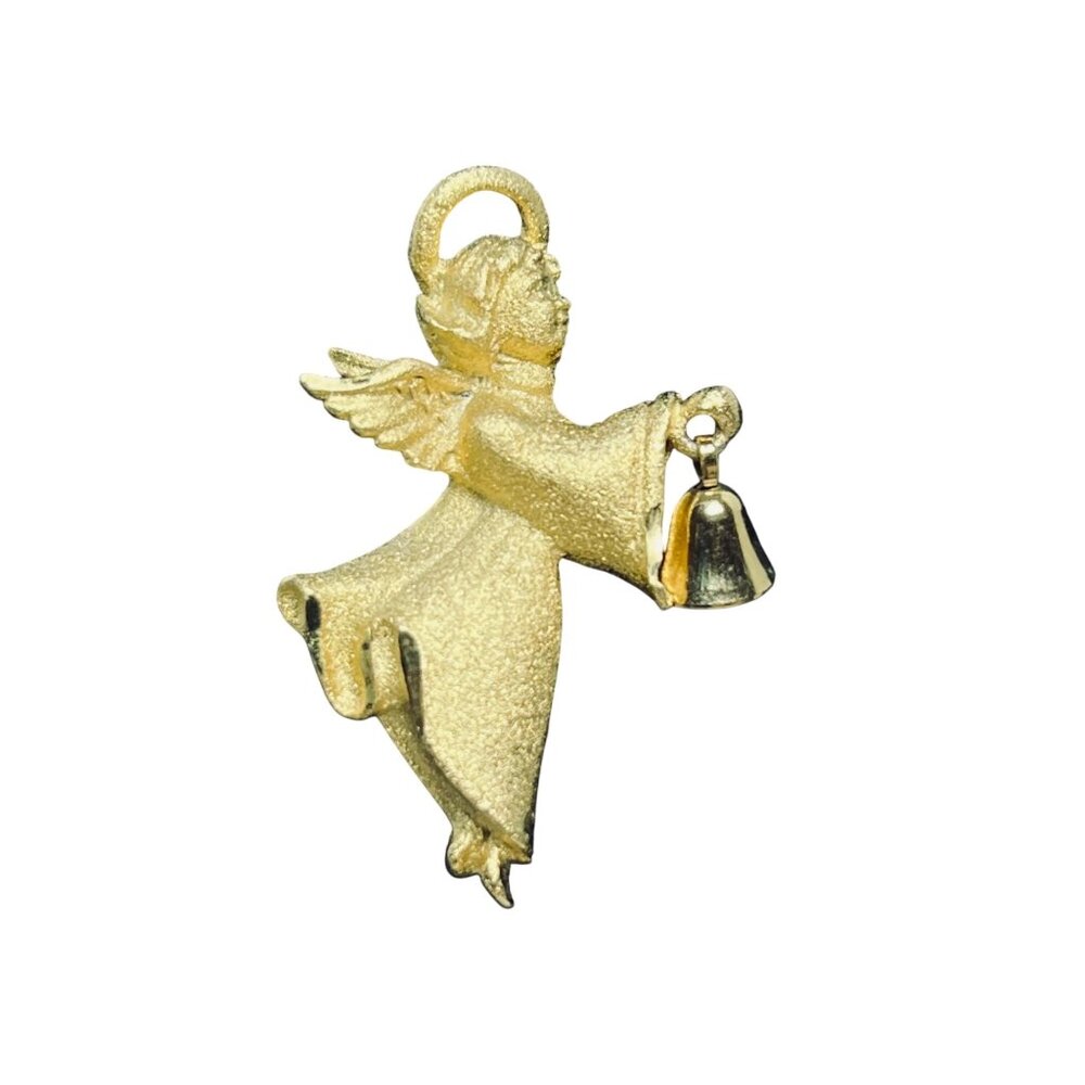 Vintage GG USA Gold Tone Textured Angel With Articulating Bell Brooch (5628)